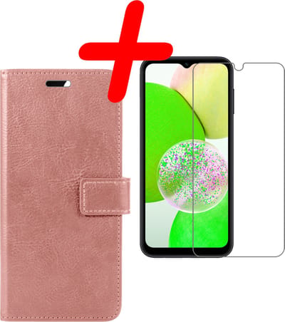 Hoesje Met Screenprotector - Geschikt voor Samsung Galaxy A14 - Luxe Pasjeshouder - Bookcase Portemonee - Flip Case - Kunstleer Book Case - Flipcase - Book Cover - Walletcase - Portemonneehoes - Rosé goud