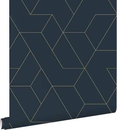 ESTAhome behang grafische lijnen donkerblauw en goud - 50 x 900 cm - 139946