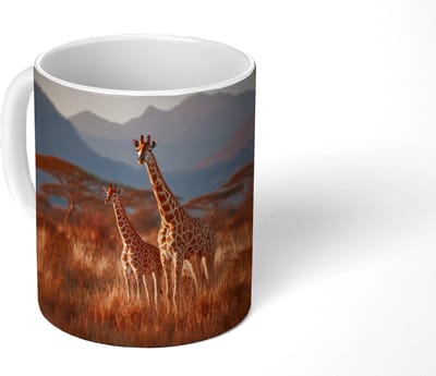 Mok - Koffiemok - Giraffen - Hoog gras - Acaciabomen - Mokken - 350 ML - Beker - Koffiemokken - Theemok