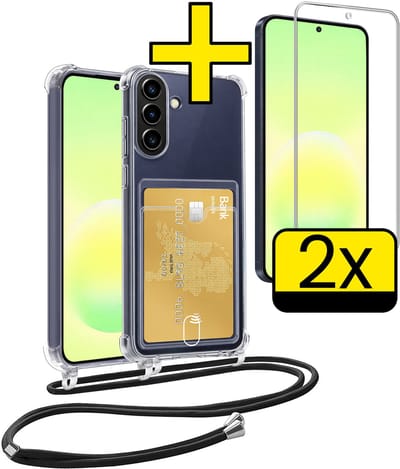 Hoesje Geschikt voor Samsung A57 Telefoonhoesje Met Koord Case Pashouder Met 2x Screenprotector Siliconen - Hoes Geschikt voor Samsung Galaxy A57 Hoesje Met Kaarthouder - Transparant