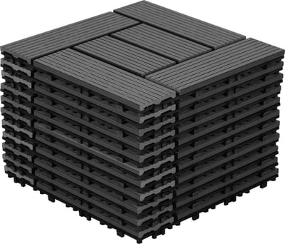 Terrastegels - 11 Stuks - 1 m² - WPC Composiet Kunststof - 30x30cm - 6 strepen - Antraciet - Makkelijke en Snelle Montage - Balkontegels - Vlondertegel Set - Onderhoudsvrij - Tuin, Balkontegels - Terrasplanken