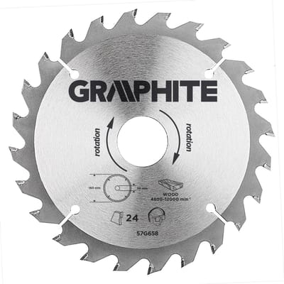 Graphite 57H658 Cirkelzaagblad voor Hout 160mm, Asgat 30mm, Tanden 24, Dikte 2,8, Vulringen 16/20/25, TCT