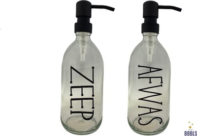 BBBLS® Design Dispenser Giftset "Zeep Afwas" | Transparant Glas | 500ml | RVS / Metaal Pomp Zwart | Zeeppomp | Zeepdispenser | Zeephouder