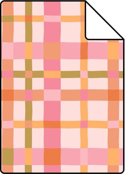 Proefstaal ESTAhome behang ruitjes roze, groen en terracotta - 26.5 x 21 cm - 132052-S