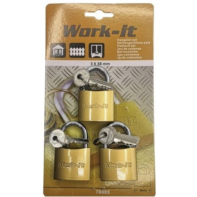 Work-it 3x hangslot gelijksluitend 38mm gehard met 18 gelijke sleutels
