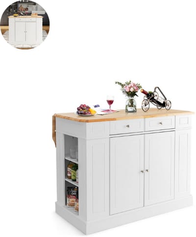 Keukeneiland - Verplaatsbaar - Keukenkast - Dressoir - Organizer - Kasten - Houten Werkblad - 2 Deuren - Wit