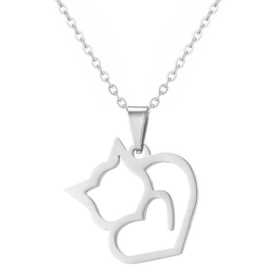 Fako Bijoux® - Ketting Met Hanger - Stainless Steel - RVS - Staal - Poes In Hartvorm - Zilverkleurig