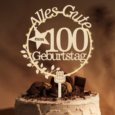 Dailygoods - Cake Topper 100e verjaardag - Houten taartdecoratie met LED lichtketting - Unieke verjaardag versiering - Decoratie voor 100e verjaardag...