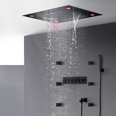 Oihpaw douchesysteem 5 functies RGB thermostaat, 12 LED-lichtkleuren, 600 x 800 mm, regenfunctie, watergordijn, massagewaterval, handdouche