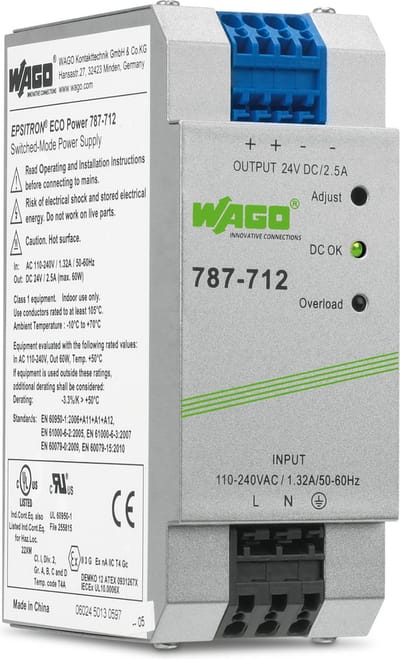 WAGO 787-712 DIN-rail netvoeding 24 V/DC 2.5 A 60 W Aantal uitgangen:1 x Inhoud 1 stuk(s)