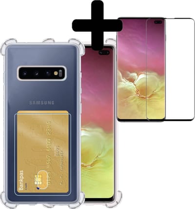 Hoesje - Geschikt voor Samsung Galaxy S10 - Met Screenprotector - En Pashouder - En Kaarthouder - Telefoon Hoes Shockproof - Siliconen Case - Back Cover - Shock Proof - Pasjes Houder - Telefoonhoesjes - Transparant