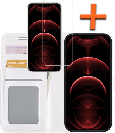 Hoes - Met Screenprotector - Geschikt voor Apple iPhone 13 Mini - Luxe Pasjeshouder - Bookcase Portemonee - Flip Case - Kunstleer Book Case - Flipcase - Book Cover - Walletcase - PortemonneeHoes - Wit