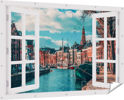 Gards Tuinposter Doorkijk Gracht in Groningen - 180x120 cm - Tuindoek - Tuindecoratie - Wanddecoratie buiten - Tuinschilderij