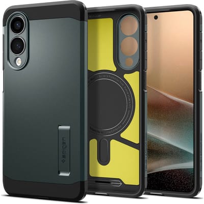 Spigen Tough Armor Hoesje Geschikt voor Samsung Galaxy S25 Edge | Compatibel met MagSafe / Qi2 | Back Cover Militaire Standaard | Kickstand | Groen
