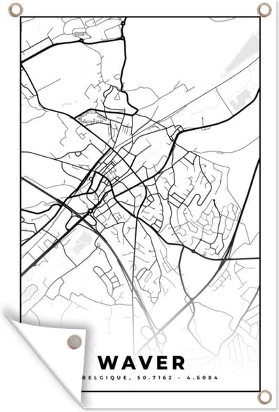Muurdecoratie Plattegrond – Waver – Zwart Wit – Stadskaart - Kaart - België - 120x180 cm - Tuinposter - Tuindoek