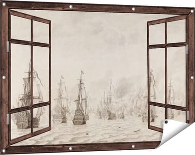 Gards Tuinposter Doorkijk De Zeeslag tegen de Spanjaarden bij Duinkerken - Willem van de Velde - 120x80 cm - Tuindoek - Tuindecoratie - Wanddecoratie buiten - Tuinschilderij