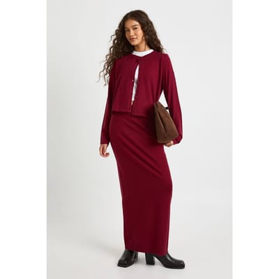boohoo Dames Rib Knit Maxi Rok | Burgundy | Maat: Small