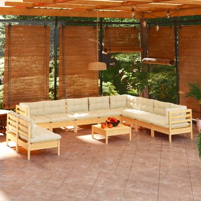 vidaXL - 11-delige - Loungeset - met - crèmekleurige - kussens - grenenhout