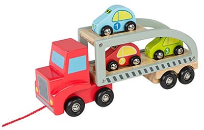 Houten Aanhanger Vrachtwagen met 3 Houten Auto's - 28 cm