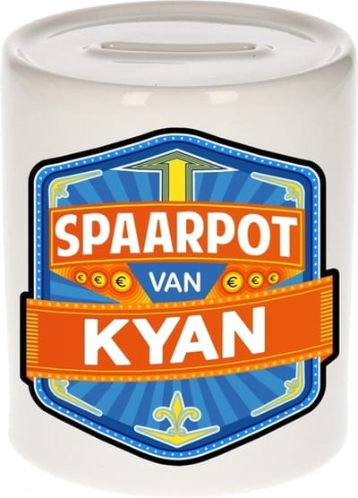 Bellatio Decorations Kinder spaarpot met naam - Kyan - keramiek - met dop - wit - Sparen - Spaargeld van Kyan