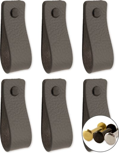 Leren handgrepen - Grijs - 6 stuks - 16,5 x 2,5 cm | incl. 3 kleuren schroeven voor de leren handgreep - Handgrepen leer - Leren meubelgreep - Leren handvaten kast - Leren lus - Handgreep kast leer - Leren greepjes - Handvat leer - Leren deurgreep