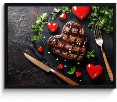 Poster in lijst - Fotolijst 70x50 cm - Posters - Steak - Hart - Bestek - Posterlijst zwart - Decoratie - Wanddecoratie woonkamer - Muurdecoratie slaapkamer