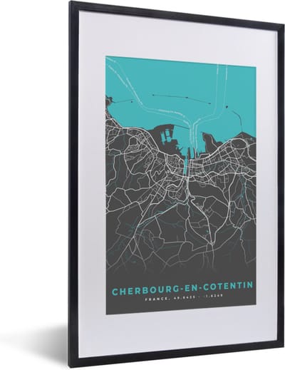 Fotolijst incl. Poster - Plattegrond - Kaart - Cherbourg-en-Cotentin - Stadskaart - Frankrijk - 40x60 cm - Posterlijst