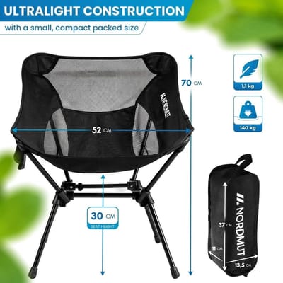 SnelShoppen - Ultralichte Kampeerstoel - Compacte Klapstoel - Draagvermogen 150 kg - Lichtgewicht Aluminium - Zwart - Ideaal voor Camping, Festivals e