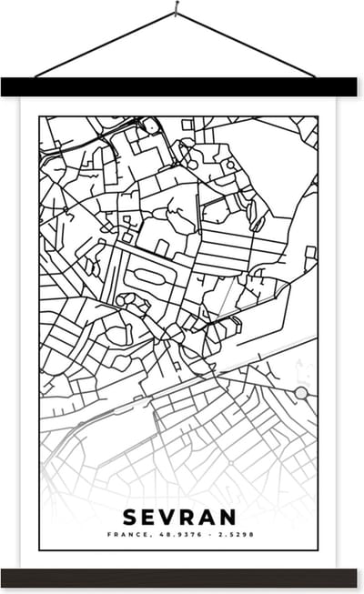 Posterhanger incl. Poster 40x60 cm - Schoolplaat - Kaart - Sevran - Frankrijk - Stadskaart - Plattegrond - Zwart wit - Textielposter - Zwarte latten - Stadskaart