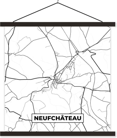 Posterhanger incl. Poster 60x60 cm - Schoolplaat - Kaart – Plattegrond – Stadskaart – Neufchâteau – België – Zwart Wit - Textielposter - Zwarte latten - Stadskaart