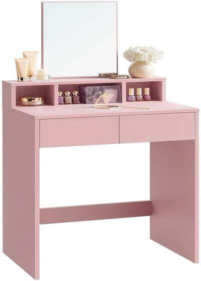 Archi Kaptafel – Make up tafel met spiegel - Kaptafel - 2 Lades & 3 Open Vakken – Minimalistisch Design – Pastelroze – 60 × 40 × 127 cm