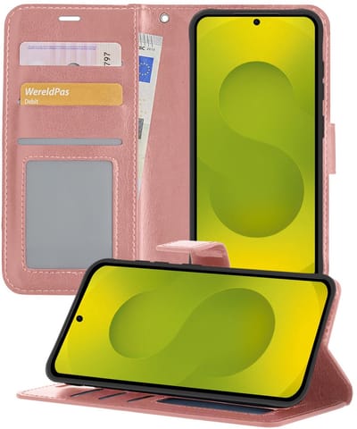 Hoesje - Met Pasjeshouder - Geschikt voor Samsung Galaxy S25 Edge - Luxe Bookcase Portemonee - Flip Case - Kunstleer Book Case - Flipcase - Book Cover - Walletcase - Portemonneehoes - Telefoonhoesjes - Rosé goud
