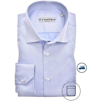 Ledub modern fit overhemd - mouwlengte 7 - lichtblauw twill - Strijkvrij - Boordmaat: 40