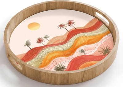 Dienblad rond 40x40 cm - Schootdienblad hout - Abstract landschap - Palmbomen - Kleurrijk - Borrelplank rechthoek - Plateau houten dienbladen