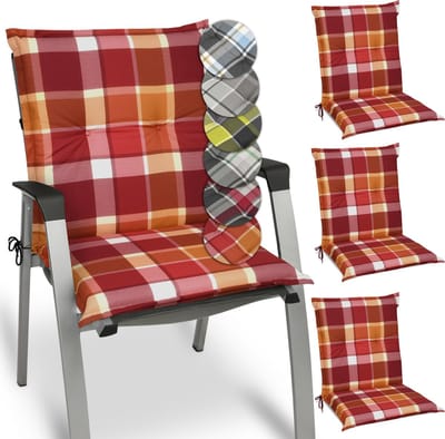 Beautissu Sunny RO – Set van 4 Tuinkussens Lage Rug 100x50 cm met UV-lichtechtheid Comfortabele Tuinstoel Zitkussen Rood geruit
