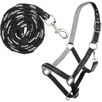HKM Halster + touw -Crystal- zacht onderlegd zwart/grijs Full