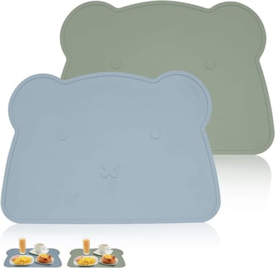 Set van 2 Kindertafelkleden, Beren Tafelkleden voor Kinderen, Silicone Tafelkleden, Vlekafstotend, Wasbaar en Veilig voor Peuters en Kinderen (Blauw + Groen)