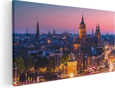 Artaza Canvas Schilderij Amsterdam - 40x20 cm - Klein - Wanddecoratie Skyline - Muurdecoratie Schemering - Schilderijen Op Canvas Grachten