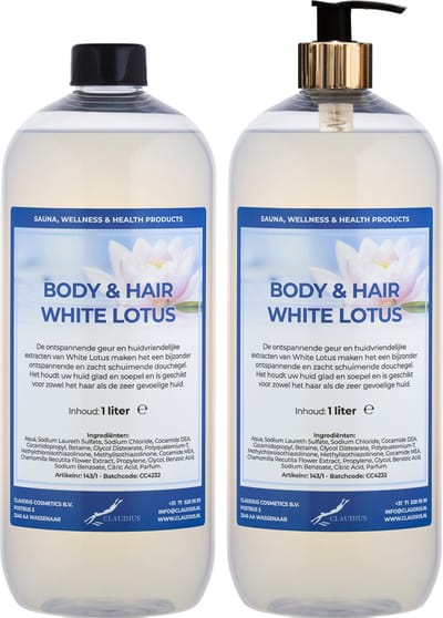 Body & Hair White Lotus 1 liter met gouden pomp - set van 2 stuks - 2 in 1 voor lichaam en haar - voordeelverpakking