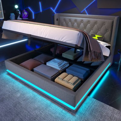 MEUNIQ gestoffeerd bed 140 x 200 cm met hydraulische opbergruimte, USB Type-C oplaadfunctie en 3-zijdige LED voor de slaapkamer, grijs