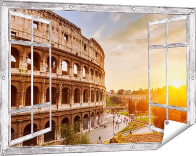 Gards Tuinposter Doorkijk Colosseum bij Zonsondergang in Italïe - 120x80 cm - Tuindoek - Tuindecoratie - Wanddecoratie buiten - Tuinschilderij