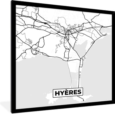 Fotolijst incl. Poster Zwart Wit- Stadskaart - Plattegrond - Hyères - Kaart - Frankrijk - Zwart wit - 40x40 cm - Posterlijst