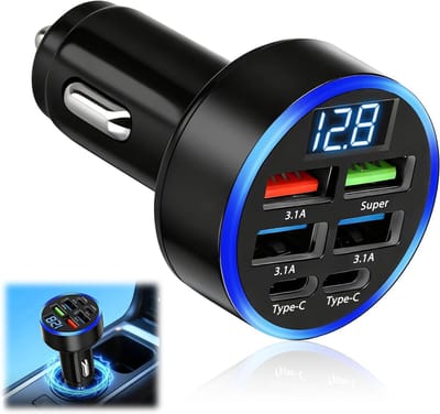 Autolader Sigarettenaansteker 6 Poorten 50W, USB-C & USB-A Snellader met LED-Display, 12V-24V Autoadapter, 2×USB-C + 4×USB-A (1×Super, 3×3.1A), Oplader voor iPhone, Samsung, Huawei, iPad, GPS