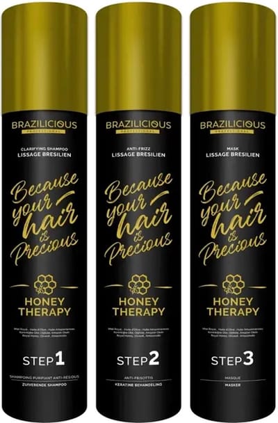Brazilicious Honey Therapy Keratine Behandeling, keratine treatment Kit 3x1000ml & Na de Keratinebehandeling – Sulfaatvrije Shampoo & Conditioner