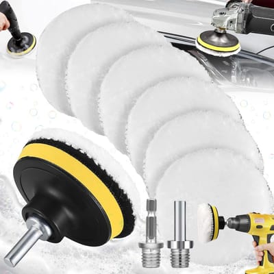 9-in-1 Polijst Spons Set – 6 Wollen Pads Ø125mm, Polijstmachine & Booradapters M14/Zeskant, Wasbaar & Herbruikbaar, Voor Auto, Glas, Hout & Keramiek