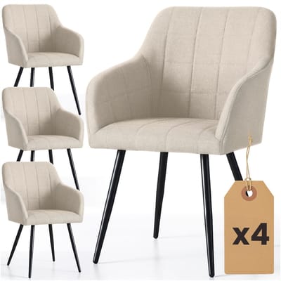 Set van 4 Eetkamerstoelen LUXANO met Armleuningen / Gestoffeerde Stoelen en Metalen Poten / Lumos-stof / Beige met zwarte benen