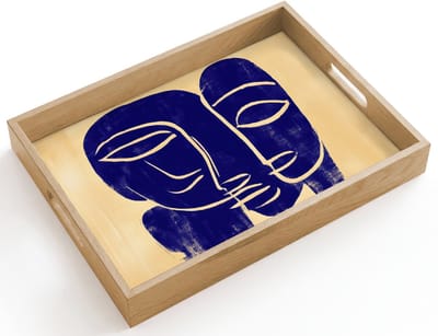 Dienblad hout 40x30 cm - Schootdienblad - Okergeel - Blauw - Eenvoudige lijnen - Borrelplank rechthoek - Plateau dienbladen