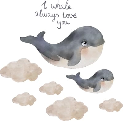 Muursticker set | Walvissen collectie | 8 muurstickers: Grote walvis, baby walvis, 5 wolken stickers 1 tekst muursticker | Ga voor de complete look in de kinderkamer