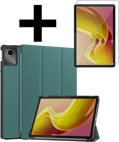 Hoes - Geschikt voor Lenovo Tab M11 (11 inch) - Met Screenprotector - Trifold Bookcase - Hard Cover - Hardcover Book Case - Tablet Hoesje - Donkergroen