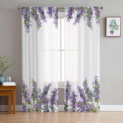 Aquarelboeket van lavendel Tule gordijnen voor woonkamerdecoratie Moderne sluier Chiffon gordijnen Slaapkamer Sheer Voile 135W x 114H(cm) white
